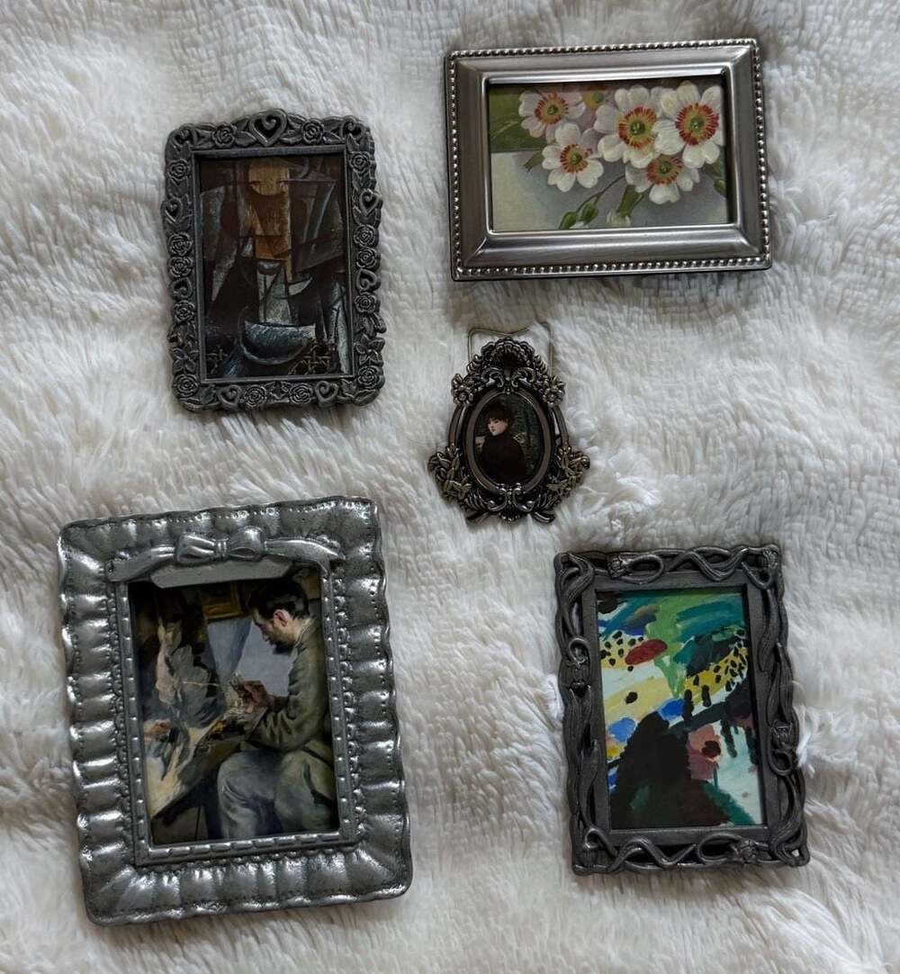 Set of 5 Miniature Art Prints in Decorative Antique-Style Silver Frames